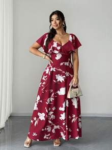 SHEIN Elenzya Plus Size Red Floral Print Beach Vacation Waist Cinched Short Sleeve Dress For Women - Red - View 4