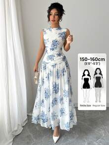 Modelyn Petite French Style High Neck Sleeveless Dress For Women,White Floral,Summer,Elegant,Garden Party Vacation Regular Size Zanea Formal Long Casual Dresses - Blue - View 5