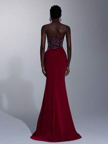 Elitara Đầm maxi cổ chữ V sang trọng, thanh lịch màu đỏ tía, thêu ren đính sequin, eo xếp ly, chân váy đuôi cá, thích hợp cho các buổi hẹn hò, kỳ nghỉ, tiệc độc thân, đám cưới, các sự kiện trang trọng nhân dịp tựu trường, đa năng. - Màu Đỏ Sâu - Xem 3