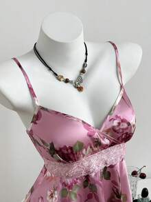 Flirla Camiseta sin tirantes con cuello en V, estampado floral, parches y ribete de encaje en la cintura para mujeres - Rosa - Ver 6