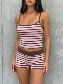SHEIN EZwear 女士条纹印花无袖背心和短裤两件套，夏季 - 彩色 - 查看 4