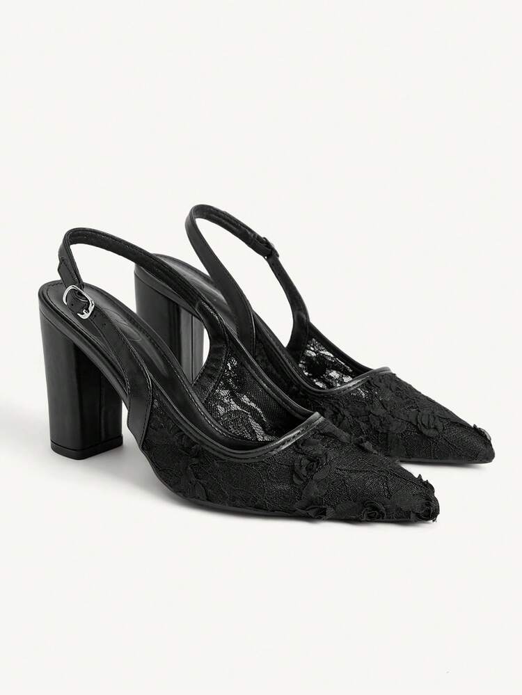 CUCCOO CHICEST Women Shoes Spring And Summer New Women's High-Heeled Shoes Elegant Temperament Three-Dimensional Flower Lace Mesh Pointed Thick Heel High-Heeled Wedding Shoes Banquet Shoes Daily Commuting Versatile Low Vamp Strap Women's Shoes