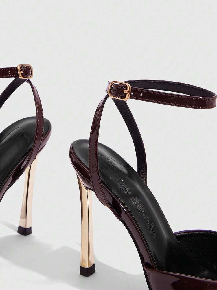 CUCCOO SZL Women Shoes Women's Pointed Stiletto Metal Heel Brown Back Ankle Strap Temperament Elegant Fashion Sexy Women's High Heels Shoes Suitable For Parties, Parties, Banquets And Other Occasions Women's Shoes