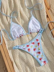 SHEIN Swim Vcay Bộ bikini hai mảnh buộc dây cổ màu xanh tươi mát, họa tiết tôm hùm và chanh, mẫu mới về mùa xuân/hè dành cho bé gái. - Nhiều màu - Xem 2