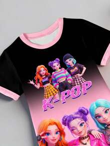 Young Girls Casual K-POP Singer Cartoon Pattern Black & Pink Ombre Color Block Knit Dress,Comfortable Back-To-School School Outfit For Summer - Multicolor - View 4