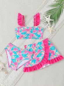Traje de baño impreso para niñas, con volantes, conjunto de 3 piezas - Rojo - Ver 1
