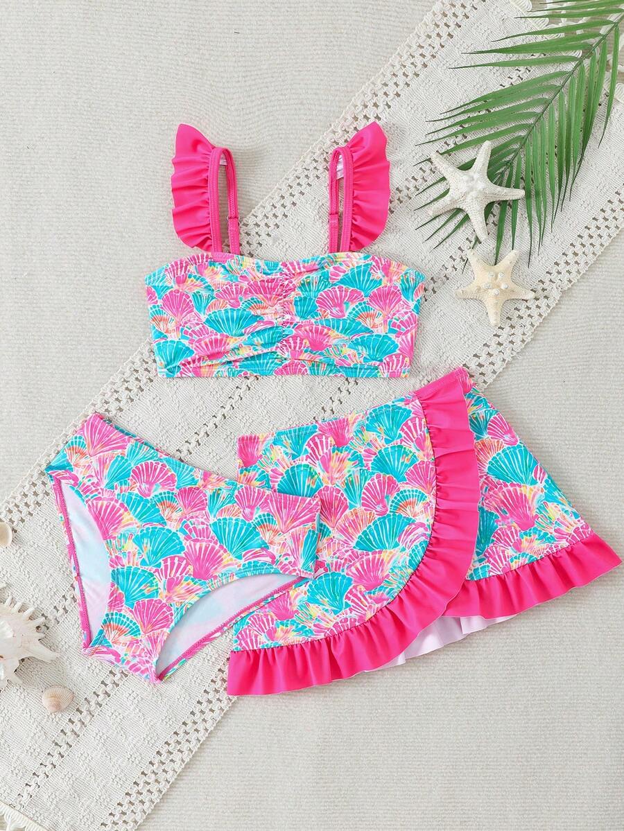 Traje de baño impreso para niñas, con volantes, conjunto de 3 piezas - Rojo - Ver 1