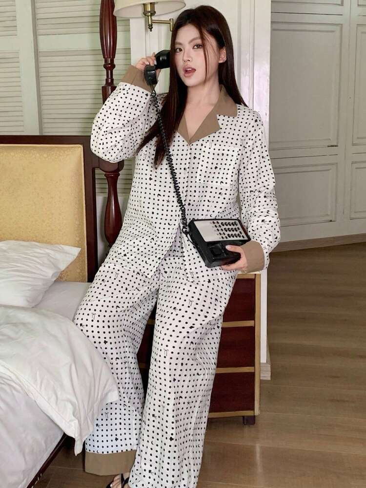Dazy Plus Cute Polka Dot Print Contrast Color Patchwork Casual Plus Size Women Pajama Set, Spring/Summer/Autumn