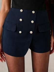 Franclia Women's Casual And Elegant Black Double Breasted Wool-Like Shorts,Suitable For Commuting, Parties And Events/Daily Wear/Vcation/Date/Office Attire High Waist Skirt Navy Skirts For Women - Navy Blue - View 8