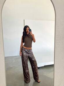 Aloruh Pantalones largos acampanados con lentejuelas para mujer, nuevos para primavera/verano, festival de música, elegantes para fiesta, de cintura baja y pierna ancha para discoteca - Azul - Ver 7