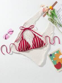 Swim Vcay 3pcs Women's Swimwear Top Set Textured Beige Red Striped Black And White Striped Bikini Top Summer Casual Sexy Beach Vacation Style Bathing Suits Tops - Multicolor - View 6