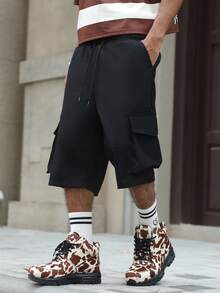 PAVTROS Men's Casual Solid Color Flap Pocket Drawstring Waist Cargo Shorts, Summer - Black - View 1