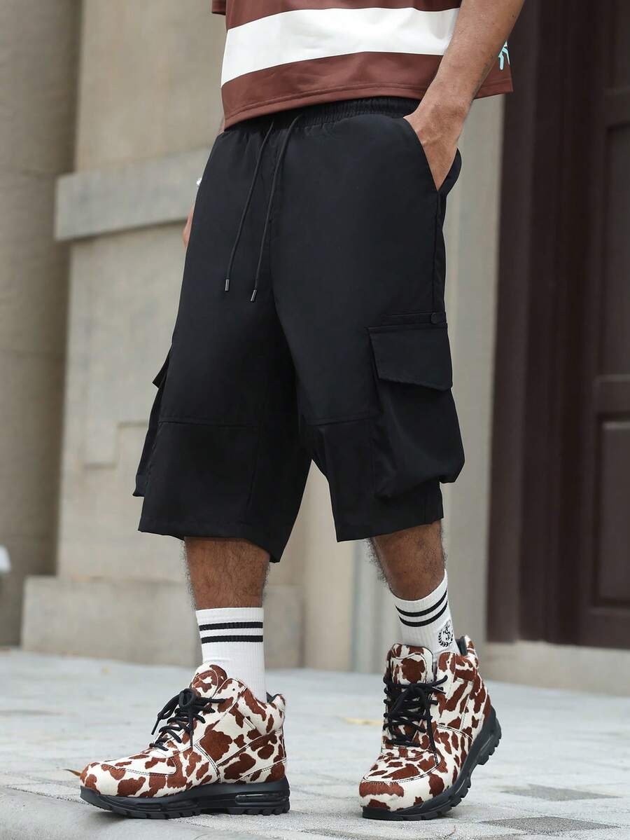 PAVTROS Men's Casual Solid Color Flap Pocket Drawstring Waist Cargo Shorts, Summer - Black - View 1