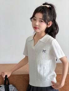 Dazy Kids Tween Girls' Bow Embroidery Short Sleeve Casual Knit Top - Beige - View 5