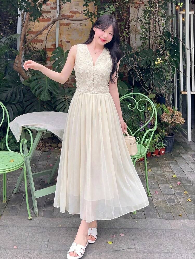 Contrast Lace Jacquard Fabric Waist-Cinching V-Neck Umbrella Dress, Sleeveless Elegant Summer Dress For Women