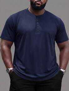 DRIVNCORE Men's Plus Size Solid Color Button Half Placket Short Sleeve Casual T-Shirt, Summer - Navy Blue - View 1