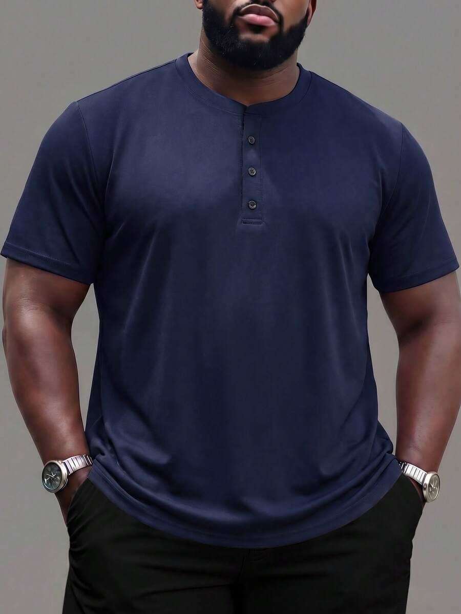 DRIVNCORE Men's Plus Size Solid Color Button Half Placket Short Sleeve Casual T-Shirt, Summer - Navy Blue - View 1