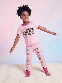 THE POWERPUFF GIRLS X SHEIN Maija Kids 女童可爱贴身卡通印花短袖T恤和裤子睡衣套装，夏季 - 粉色 - 查看 2
