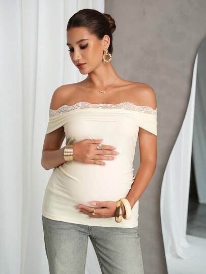 MaterniChic Maternity Clothes Maternity  Tops Summer Pregnant Clothes Apricot-Colored Slim-Fit T-Shirt With Off-Shoulder Design For Comfortable Commuting Maternity Solid Color Contrast Lace Off-Shoulder Fashionable T-Shirt