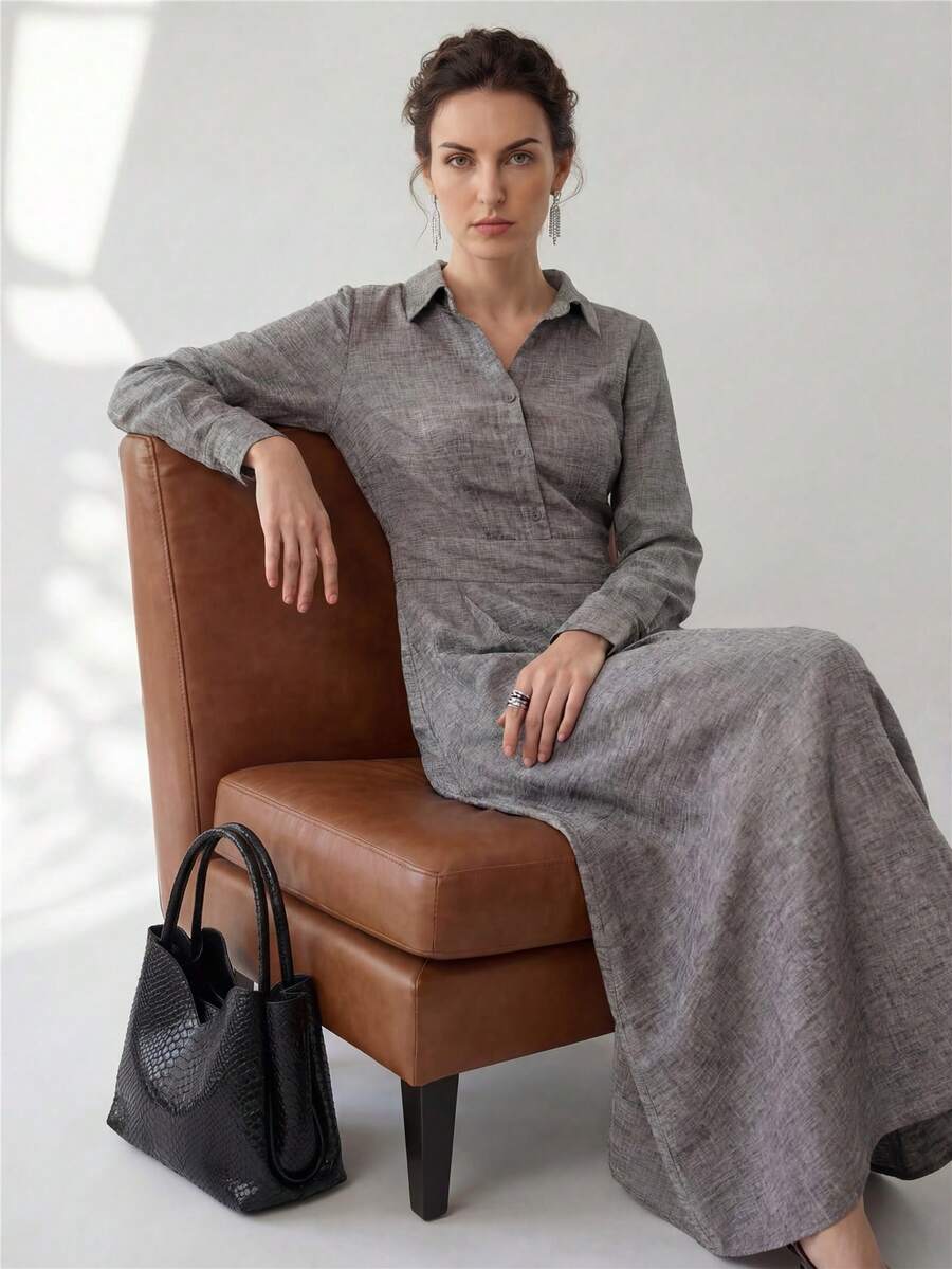 Uhlyne Uhlyne 女士优雅褶皱纯色修身复古简约别致基本款通勤高端衬衫裙 - 灰色 - 查看 1