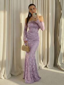 Modelyn 奢华晚礼服，高端正式礼服，优雅精致派对礼服，淡紫色正式礼服，薰衣草色晚礼服，紫色优雅礼服，女士正式礼服，蕾丝美人鱼礼服 - 紫色 - 查看 7