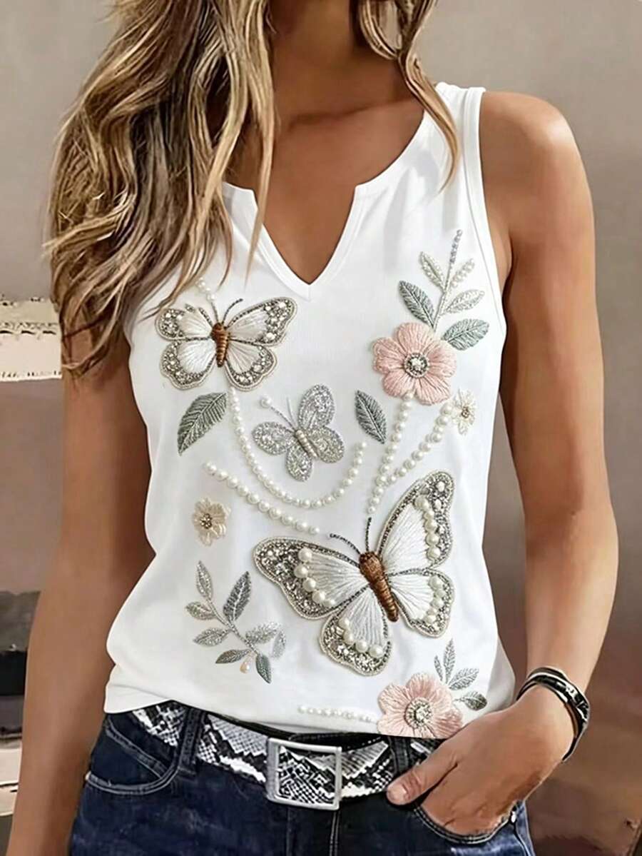 Selamara Áo kiểu nữ mùa hè in hình bướm và hoa, cổ chữ V, không tay, cài nút, thiết kế cổ áo thanh lịch, dáng ôm vừa vặn, kiểu áo vest thường ngày. - trắng - Xem 1