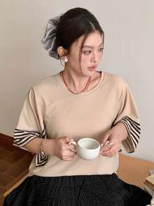 Dazy Plus Plus Size Women's Casual Loose Fit Crew Neck Striped Flare Sleeve All-Match T-Shirt, Spring/Summer - Beige - View 3