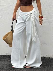 Rivivi 时尚白色系带水洗牛仔阔腿裤 - 白色 - 查看 5