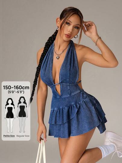 SHEIN PETITE Women's Sexy Deep V-Neck Denim Dress