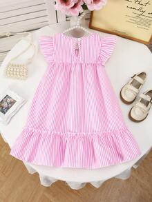 SHEIN Đầm ngắn tay kẻ sọc màu hồng họa tiết hoa cho bé gái, phù hợp cho bé từ 4-7 tuổi. - Hồng - Xem 2