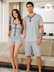 CoupledUp Striped Print Short Sleeve & Shorts Pajama Set With Fake Placket For Men - Multicolor - View 1
