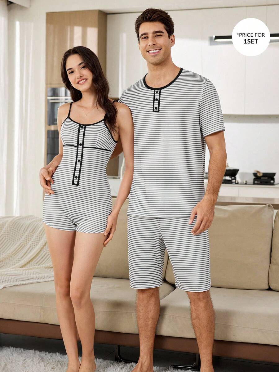 CoupledUp Striped Print Short Sleeve & Shorts Pajama Set With Fake Placket For Men - Multicolor - View 1