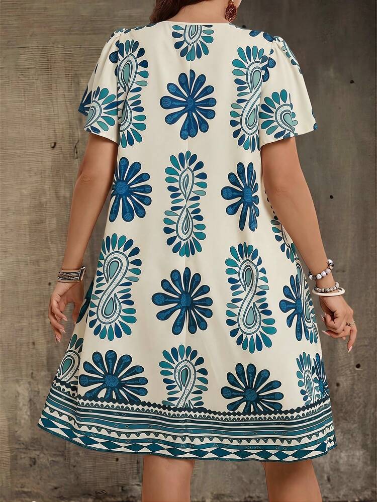 Plus Size Floral & Striped Print Casual Vacation Dress