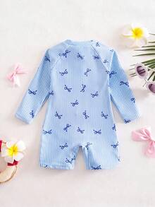 SHEIN Pelele casual de playa con mangas raglán a rayas y lazo para bebé niña - Azul - Ver 2