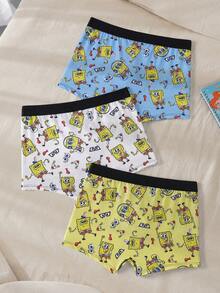 SpongeBob SquarePants | SHEIN 3条装 男士经典卡通印花舒适中腰三角裤 - 藍白色 - 查看 2