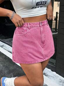SHEIN ICON Plus Size Women Pocketed Button Casual Versatile Daily Wear Denim Skorts - Pink - View 5