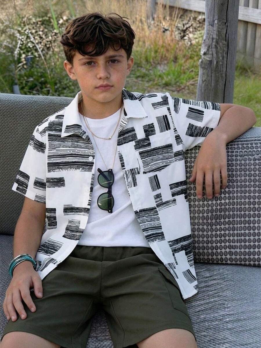 Teen Boys Printed Plaid Shirt & Cargo Shorts 2-Piece Casual Beach Outfit - Army Green - View 1