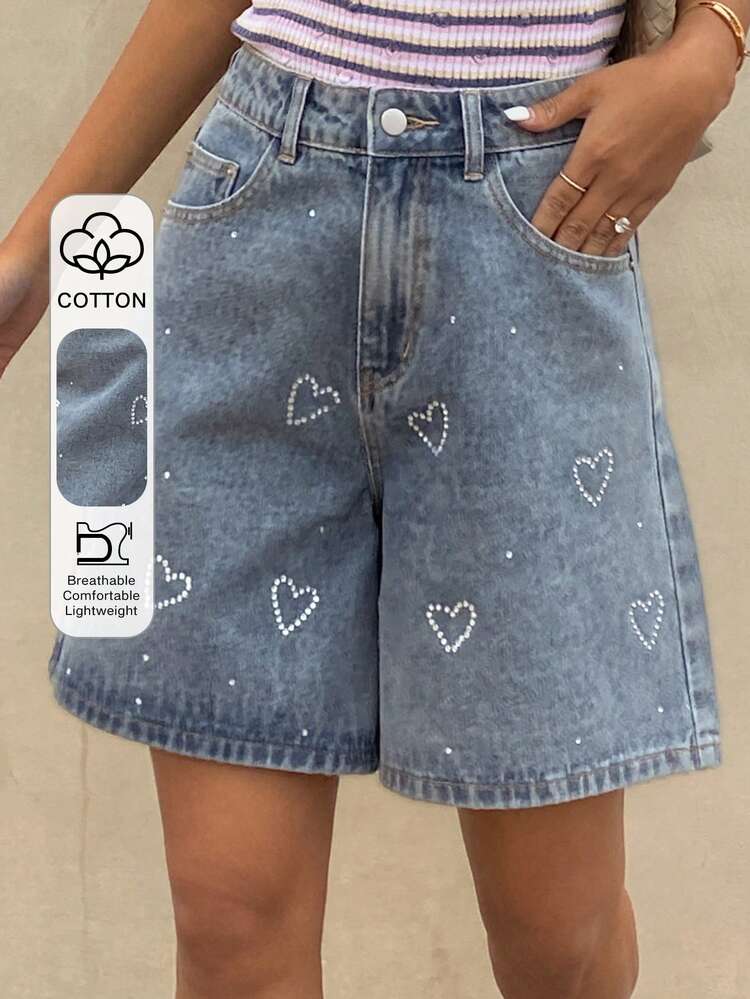 Women's Vintage Washed Denim Shorts With Heart Print, Rhinestone Decor, Casual Beach Vacation Street Style, Spring/Summer