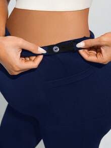SHEIN Maternity Casual Solid Color Elastic Waist Pocket Lifting Leggings - Navy Blue - View 7
