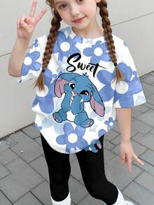 Kawaii Blue Rabbit Lulu & Stitch Pattern,Young Girls Casual Short Sleeve Tee 2-Piece Set,Back-To-School Summer School Outfits,Korean Style Floral Tops - Multicolor - View 2