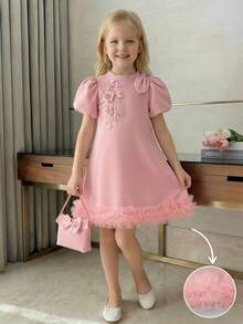 Elladie kids Young Girls' Elegant & Dress With Butterfly Decorated Handbag, Puff Sleeve Big Butterfly Sequin Floral Mesh Stitching Design Dress Classy Girl Dresses For Girls Elegant Clothes For Girls - Pink - View 3