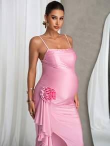 SHEIN Robe camisole d'été pour femmes enceintes, couleur unie, fente, fleurs 3D, robe élégante pour femmes - Rose bonbon - Voir 11