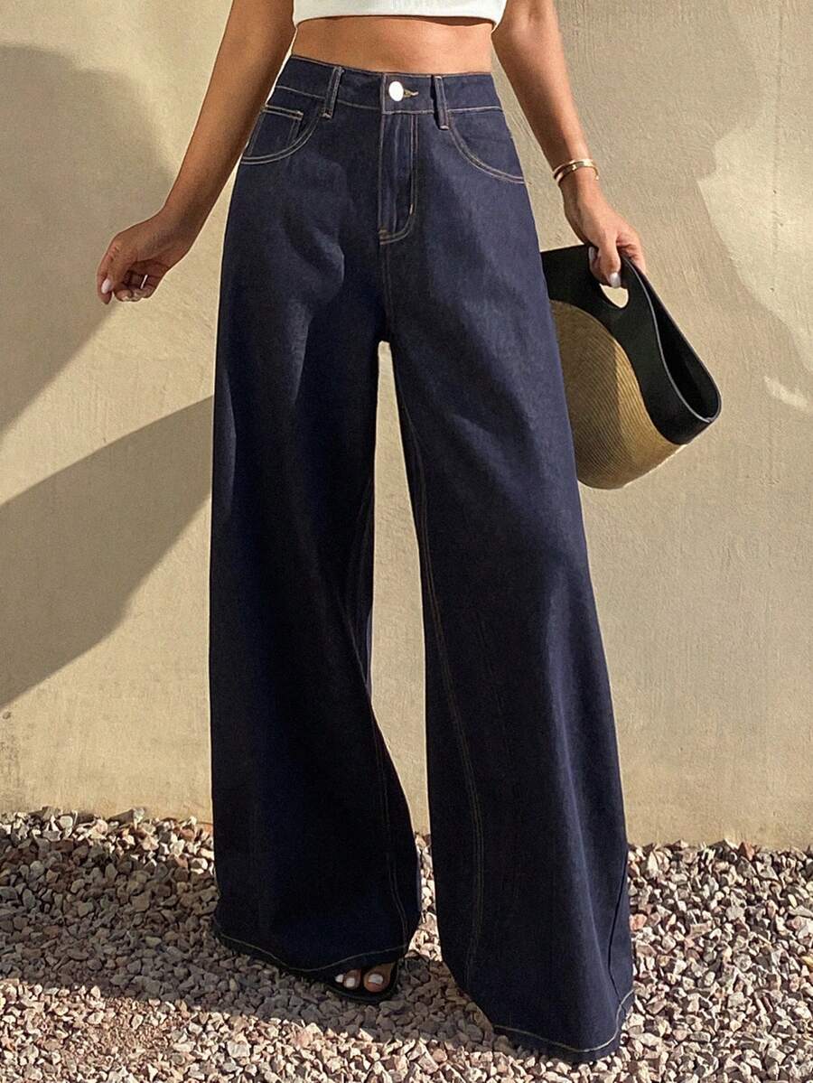 DAZY 女士宽松休闲直筒原色水洗牛仔裤，春夏款 - 藍色 - 查看 1