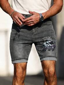 Manfinity LEGND Quần short denim nam thời trang thường ngày hiệu Mỹ, in chữ Angel và ngôi sao, chất liệu denim mài, thích hợp cho mùa hè. - Xám - Xem 3