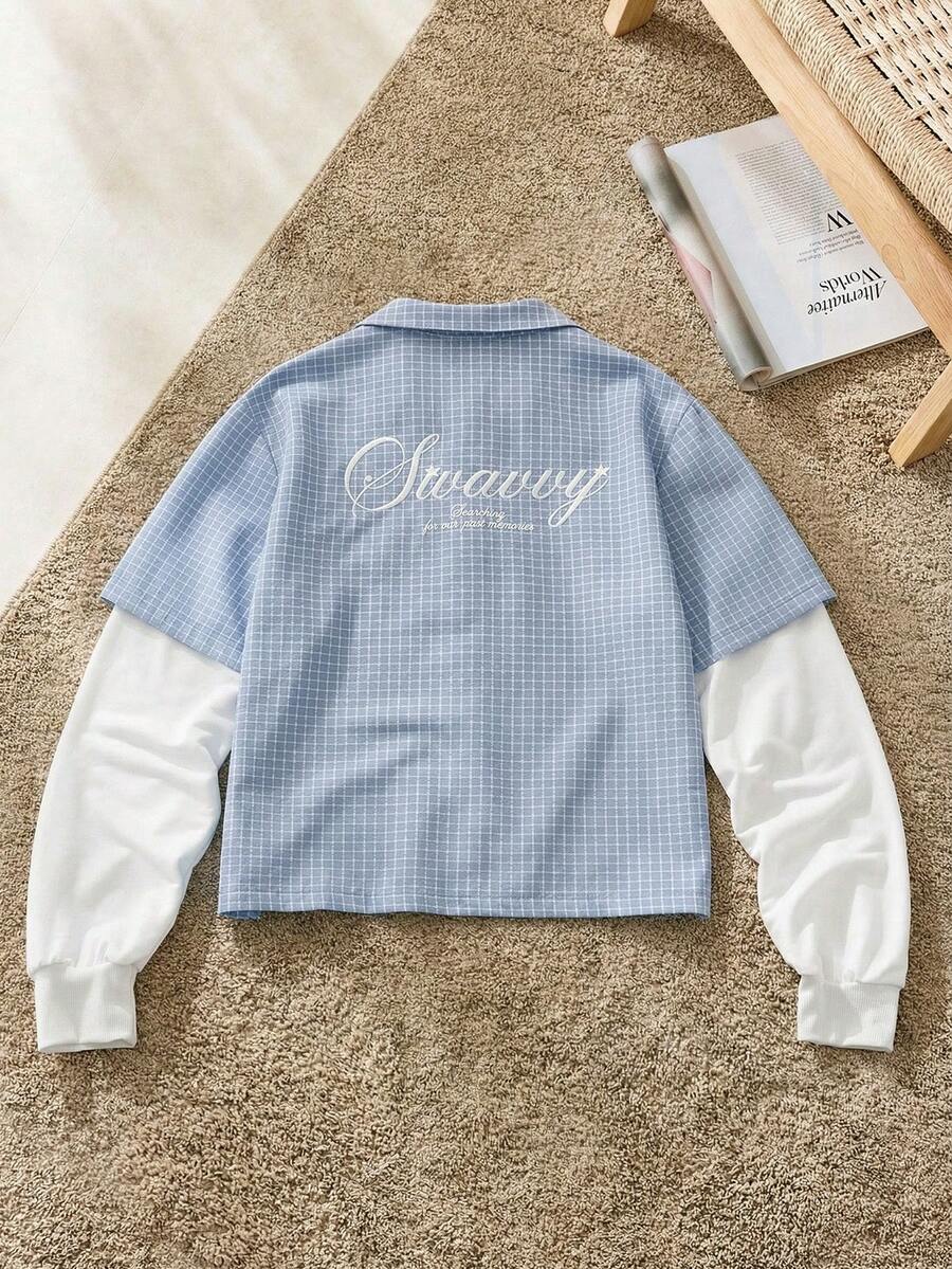 SWAVVY Men's Casual Daily Letter Embroidery Patchwork Plaid 2 In 1 Shirt - Baby Blue - View 1