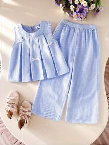 Conjunto de top sin mangas con lazo a rayas y pantalones rectos sueltos para niña, conjunto de vestir elegante para uso diario en primavera/verano - Azul - Ver 1