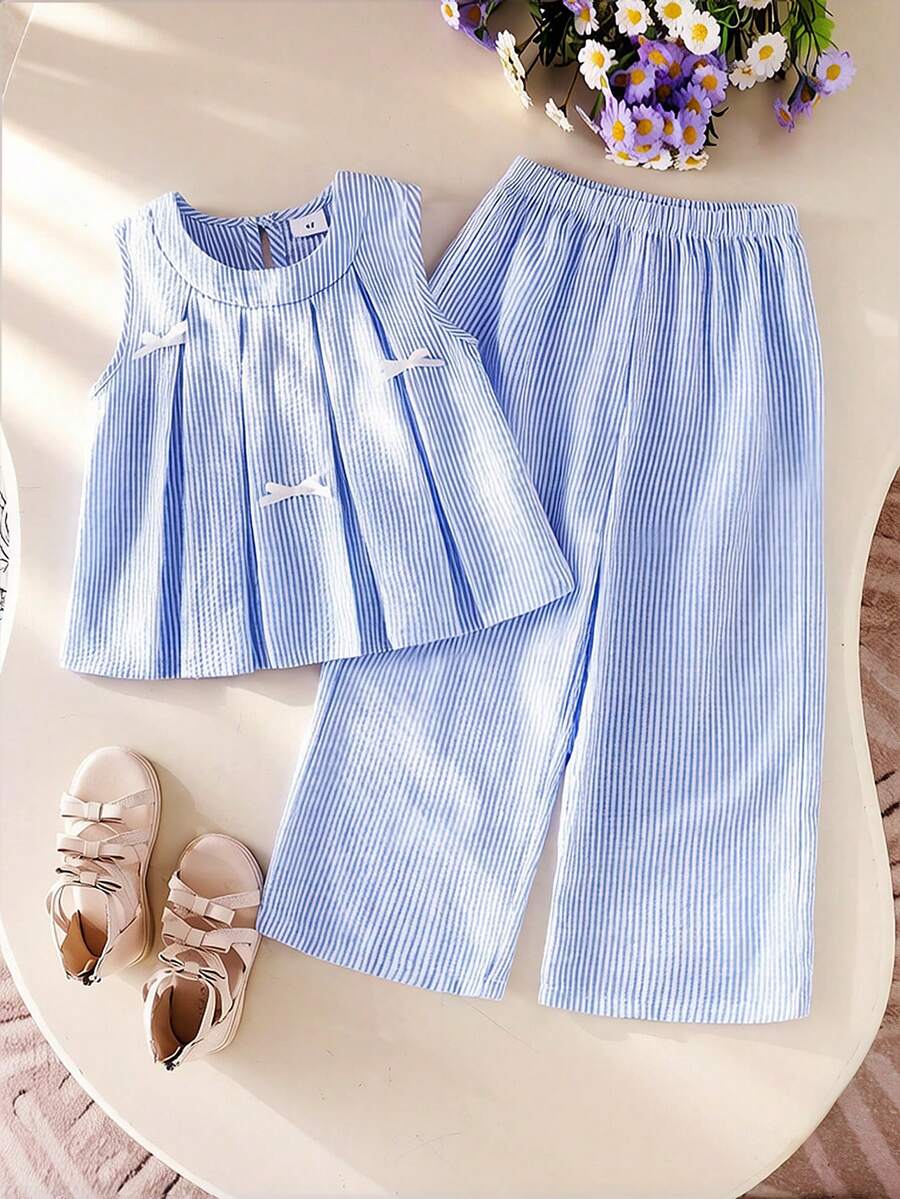 Conjunto de top sin mangas con lazo a rayas y pantalones rectos sueltos para niña, conjunto de vestir elegante para uso diario en primavera/verano - Azul - Ver 1