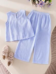 Conjunto de top sin mangas con lazo a rayas y pantalones rectos sueltos para niña, conjunto de vestir elegante para uso diario en primavera/verano - Azul - Ver 2