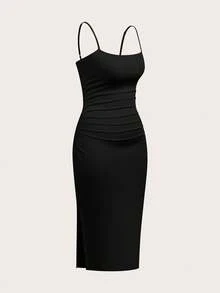 SHEIN EZwear 女款大尺碼粉黑配色夏季細肩帶洋裝，性感夜店早午餐風 - 淺粉色 - 查看 3