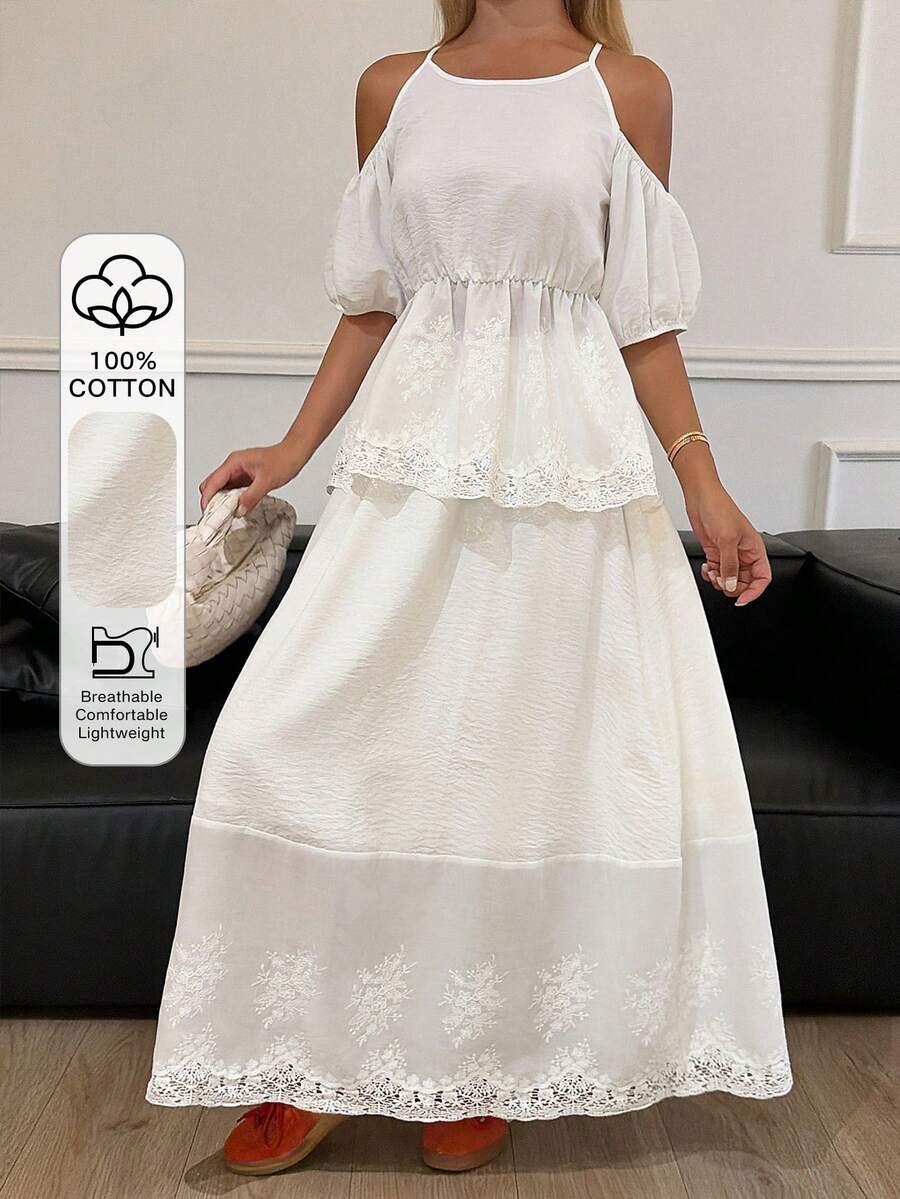 DAZY Women's Elegant Solid Color Lace Patchwork Cold-Shoulder Top And Skirt 2-Piece Set, Summer - White - View 1